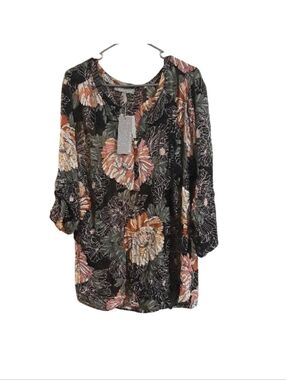 Daniel Rainn Black Floral Split-Sleeve Blouse with Pink & Olive Accents